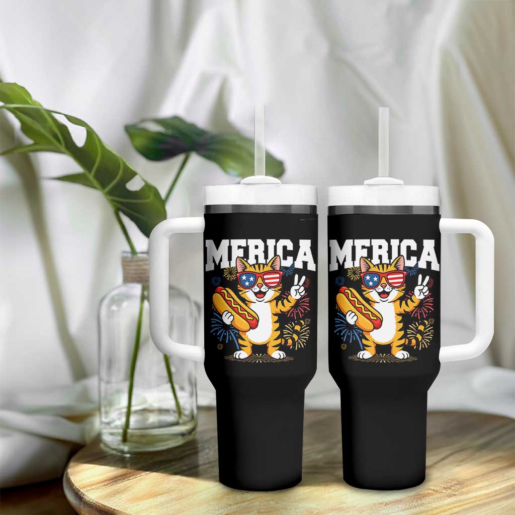 Merica Cat Tumbler With Handle Funny 4th of July Hot Dog and Fireworks Patriotic USA Flag - Wonder Print Shop