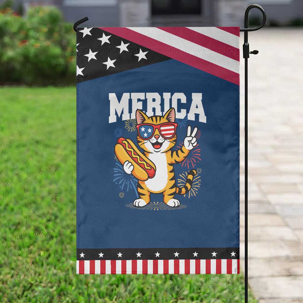 Merica Cat Garden Flag Funny 4th of July Hot Dog and Fireworks Patriotic USA Flag