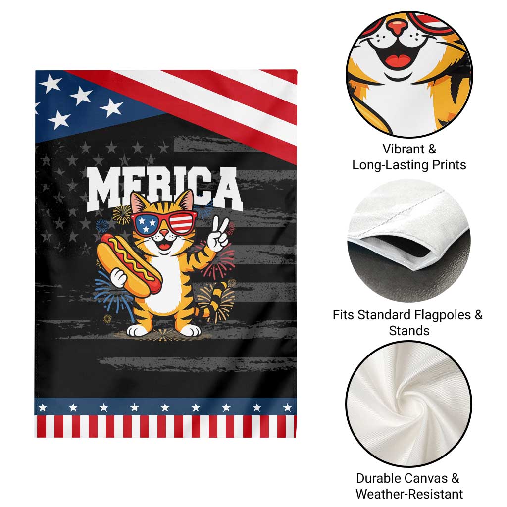 Merica Cat Garden Flag Funny 4th of July Hot Dog and Fireworks Patriotic USA Flag