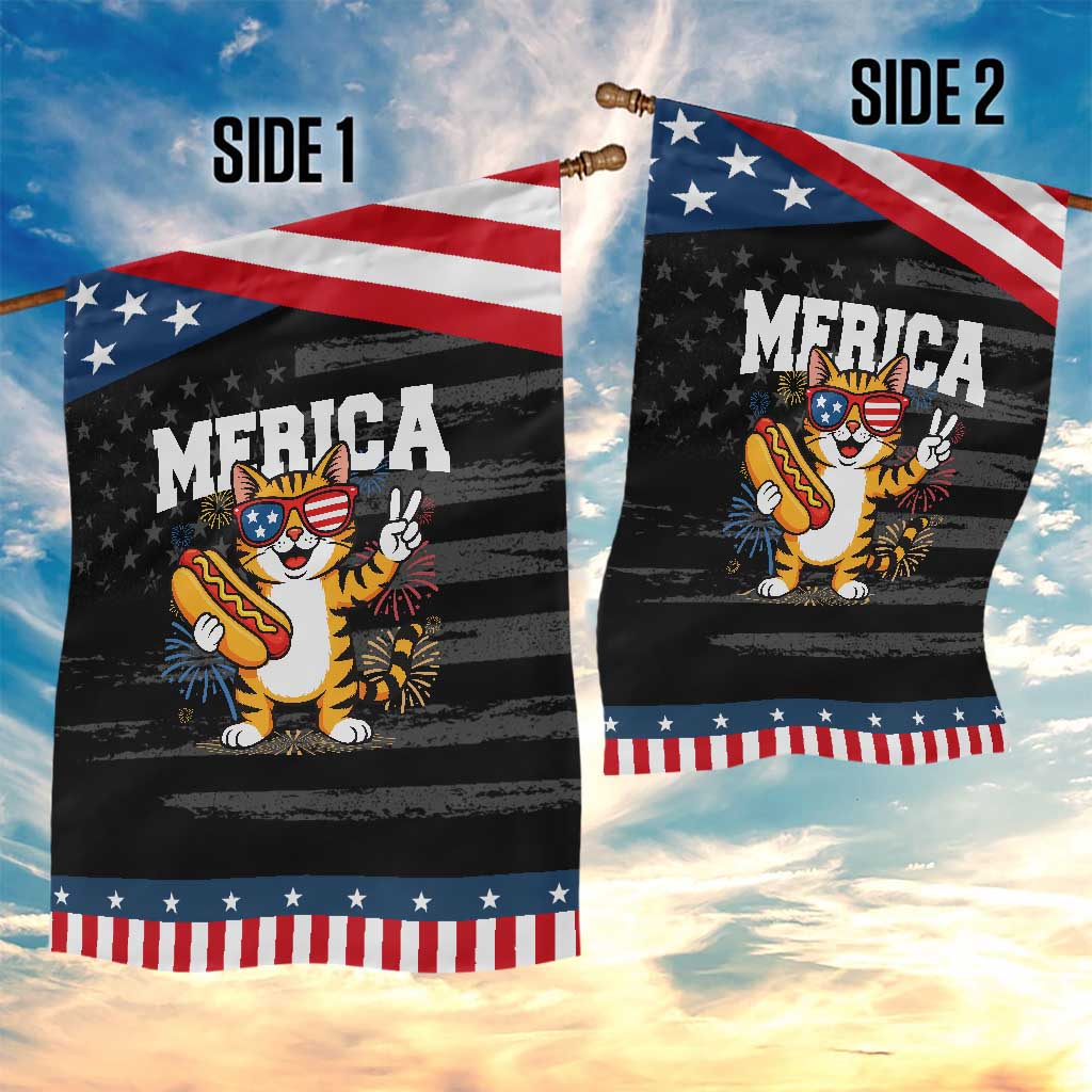 Merica Cat Garden Flag Funny 4th of July Hot Dog and Fireworks Patriotic USA Flag