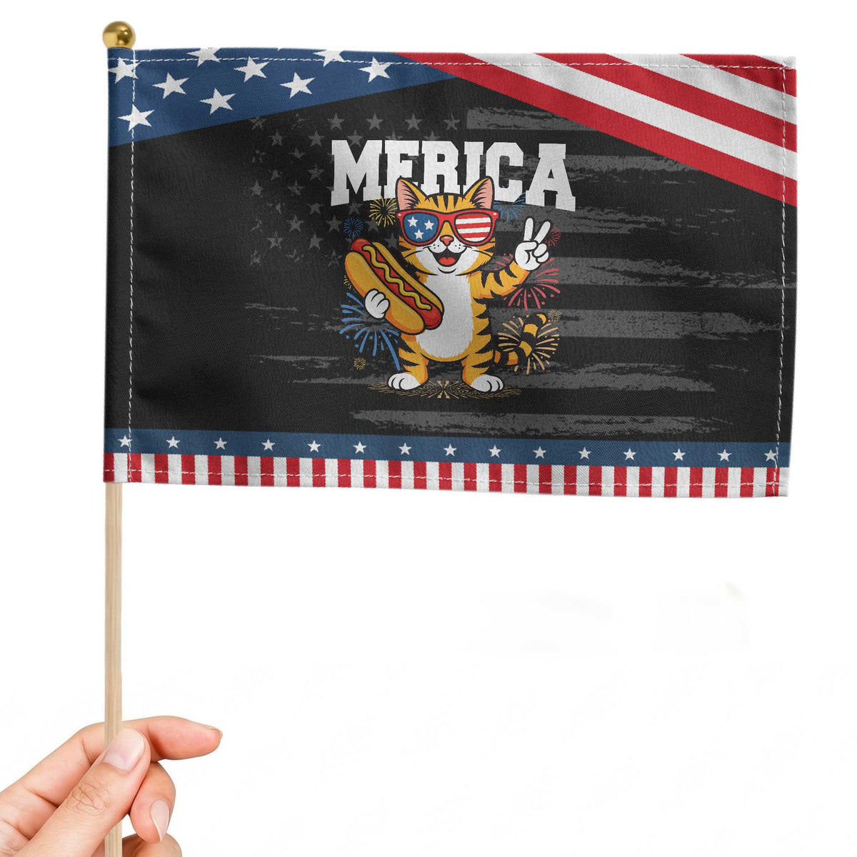Merica Cat Patriotic Handheld Flag Funny 4th of July Hot Dog and Fireworks Patriotic USA Flag