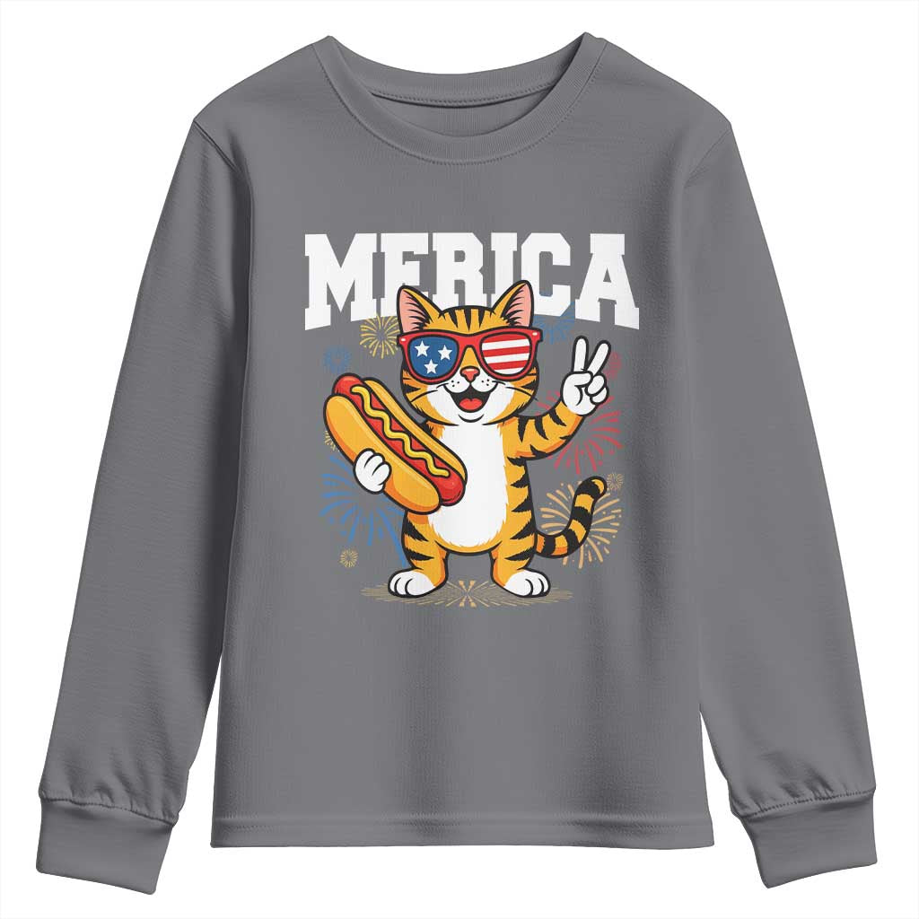 Merica Cat Youth Sweatshirt Funny 4th of July Hot Dog and Fireworks Patriotic USA Flag - Wonder Print Shop