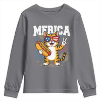 Merica Cat Youth Sweatshirt Funny 4th of July Hot Dog and Fireworks Patriotic USA Flag - Wonder Print Shop