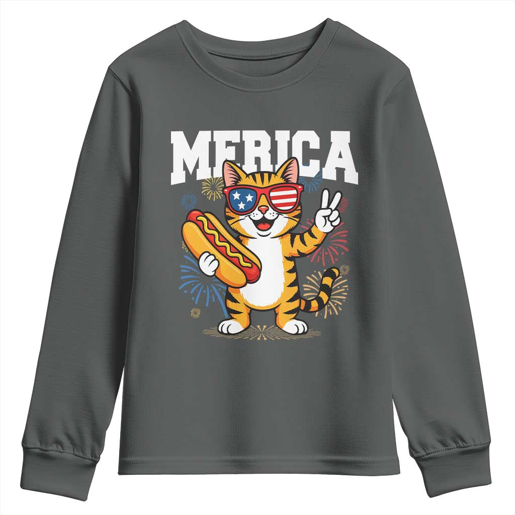 Merica Cat Youth Sweatshirt Funny 4th of July Hot Dog and Fireworks Patriotic USA Flag - Wonder Print Shop