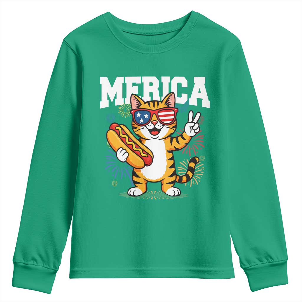 Merica Cat Youth Sweatshirt Funny 4th of July Hot Dog and Fireworks Patriotic USA Flag - Wonder Print Shop