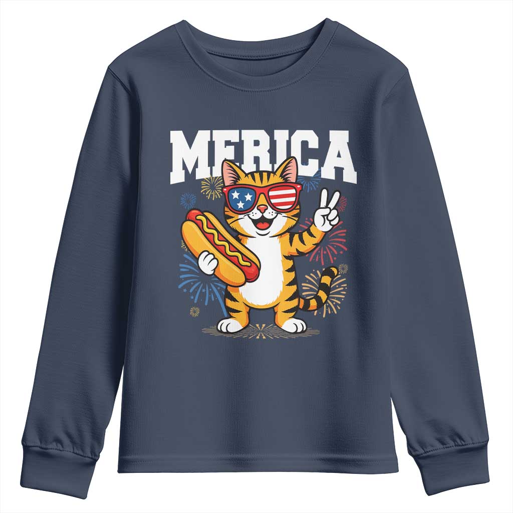 Merica Cat Youth Sweatshirt Funny 4th of July Hot Dog and Fireworks Patriotic USA Flag - Wonder Print Shop