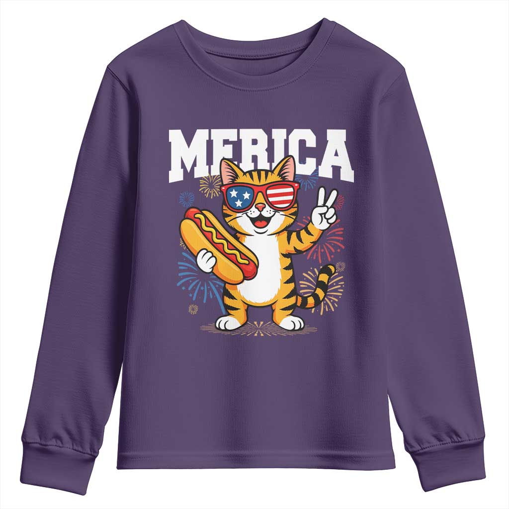 Merica Cat Youth Sweatshirt Funny 4th of July Hot Dog and Fireworks Patriotic USA Flag - Wonder Print Shop