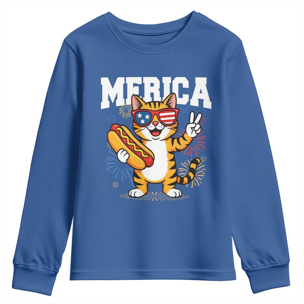 Merica Cat Youth Sweatshirt Funny 4th of July Hot Dog and Fireworks Patriotic USA Flag - Wonder Print Shop
