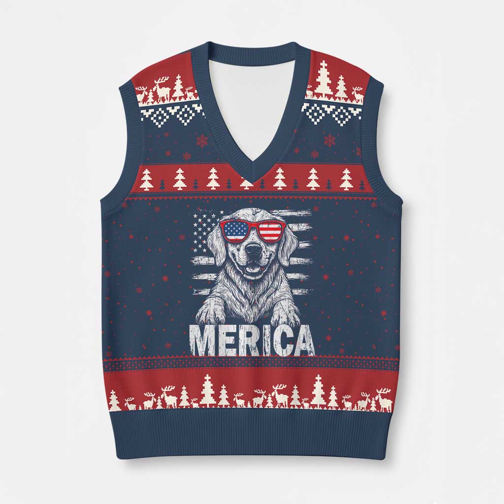 Merica Golden Retriever V-Neck Knit Sweater Vest Patriotic Dog US Flag 4th Of July - Wonder Print Shop