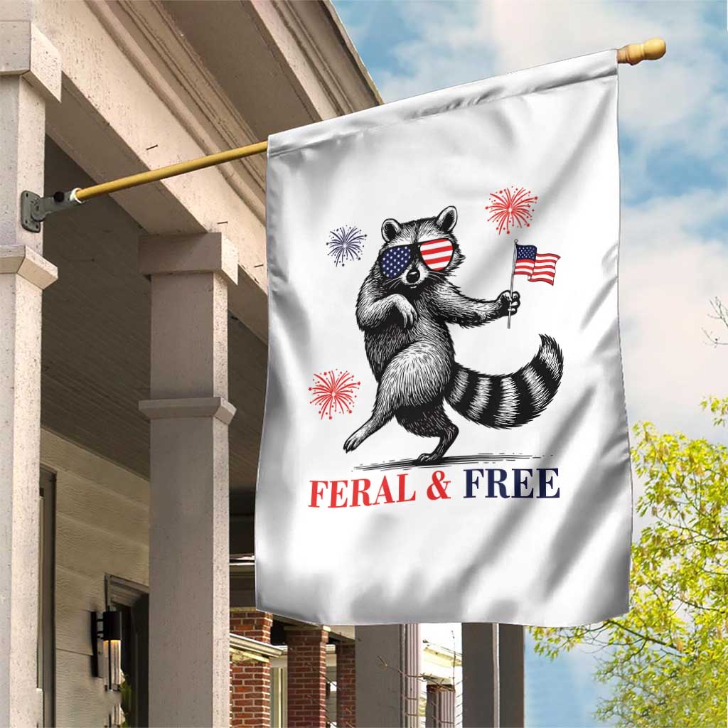 Feral and Free Dancing Raccoon Garden Flag Funny 4th July Patriotic Animal US Flag and Fireworks - Wonder Print Shop