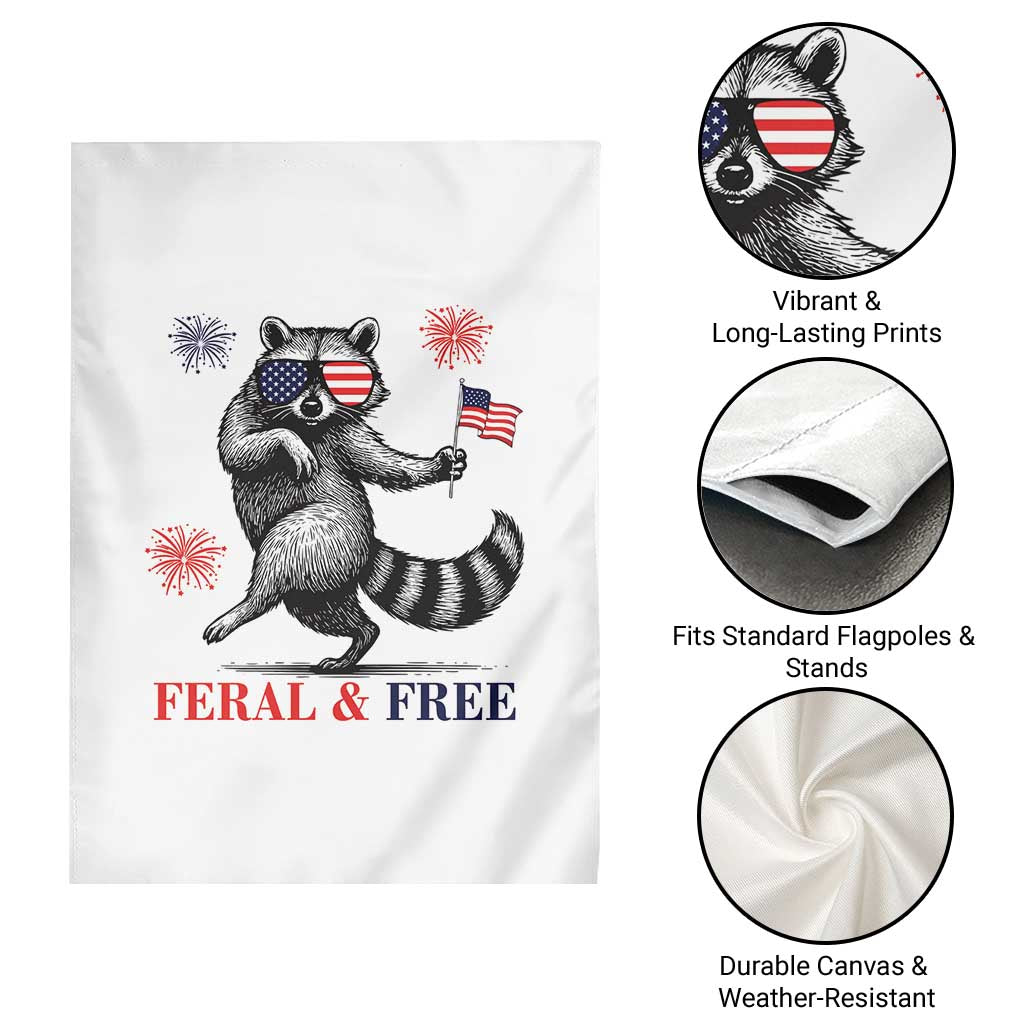 Feral and Free Dancing Raccoon Garden Flag Funny 4th July Patriotic Animal US Flag and Fireworks - Wonder Print Shop