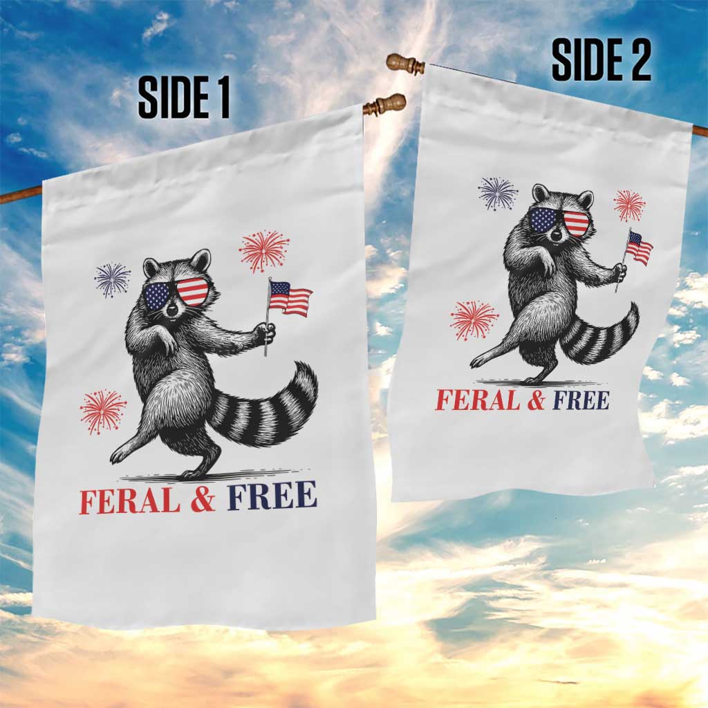 Feral and Free Dancing Raccoon Garden Flag Funny 4th July Patriotic Animal US Flag and Fireworks - Wonder Print Shop