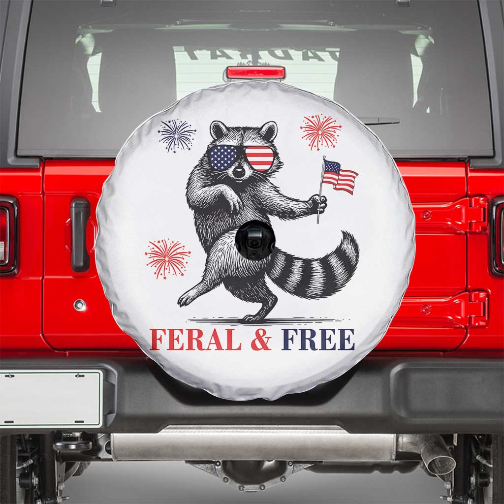 Feral and Free Dancing Raccoon Spare Tire Cover Funny 4th July Patriotic Animal US Flag and Fireworks - Wonder Print Shop