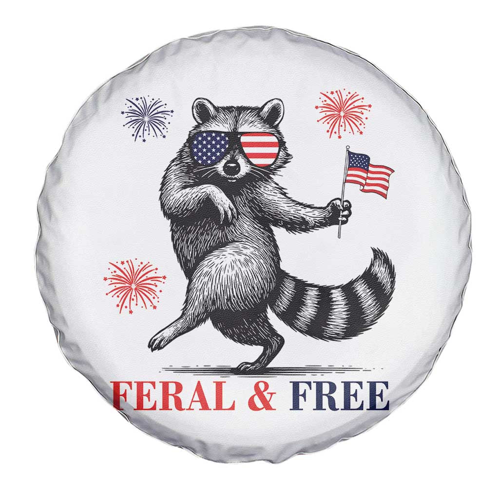 Feral and Free Dancing Raccoon Spare Tire Cover Funny 4th July Patriotic Animal US Flag and Fireworks - Wonder Print Shop