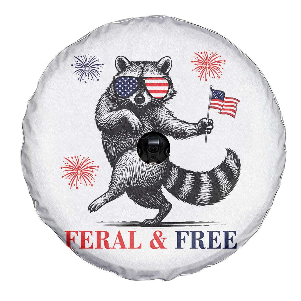 Feral and Free Dancing Raccoon Spare Tire Cover Funny 4th July Patriotic Animal US Flag and Fireworks - Wonder Print Shop