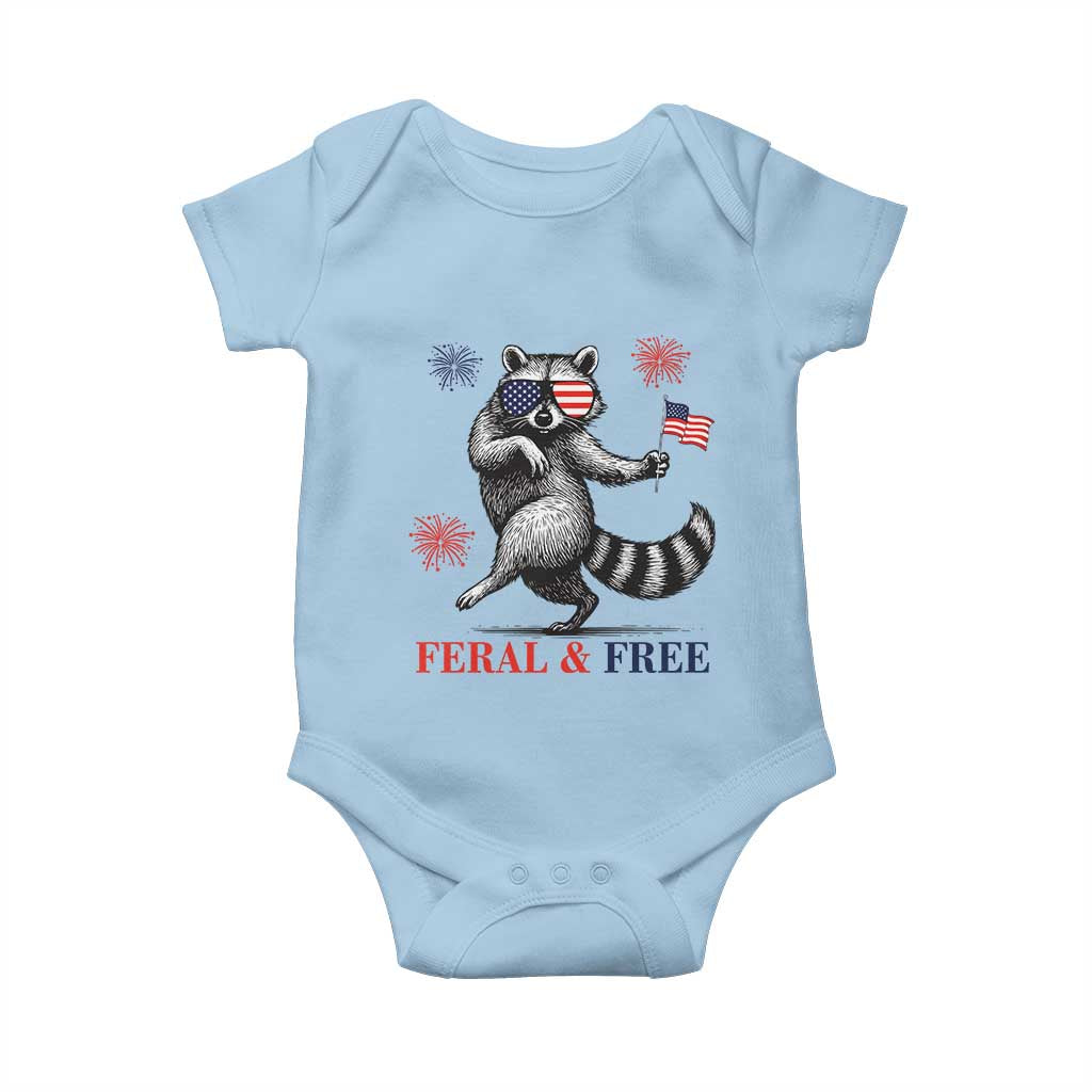 Feral and Free Dancing Raccoon Baby Onesie Funny 4th July Patriotic Animal US Flag and Fireworks - Wonder Print Shop