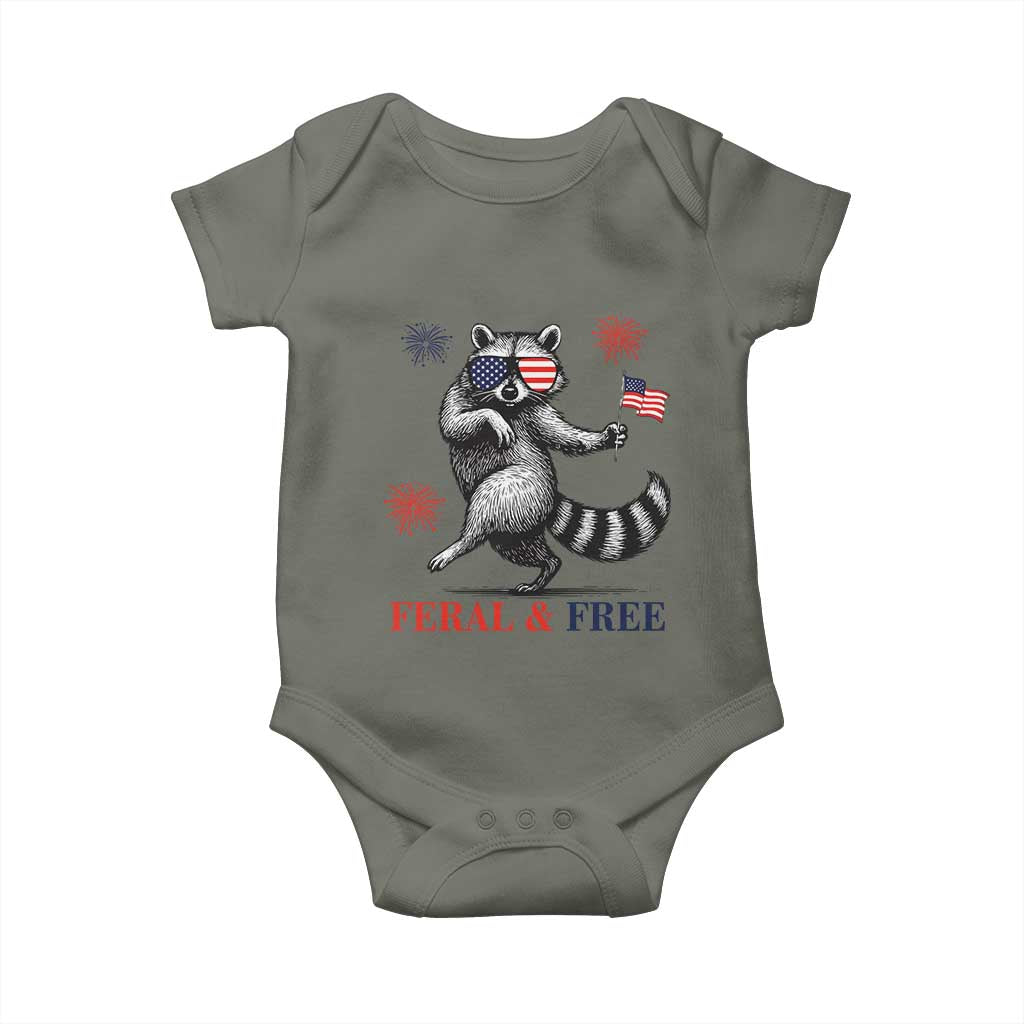 Feral and Free Dancing Raccoon Baby Onesie Funny 4th July Patriotic Animal US Flag and Fireworks - Wonder Print Shop