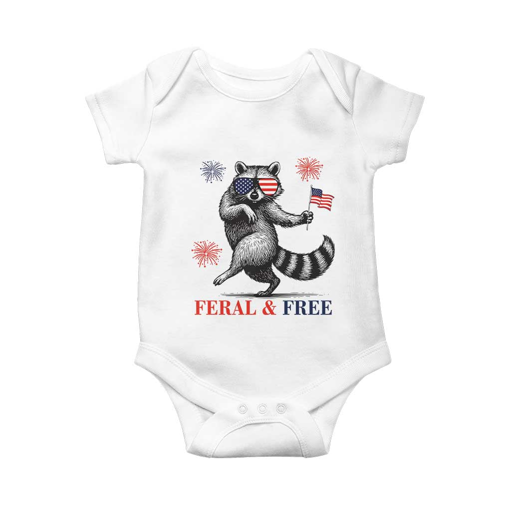 Feral and Free Dancing Raccoon Baby Onesie Funny 4th July Patriotic Animal US Flag and Fireworks - Wonder Print Shop