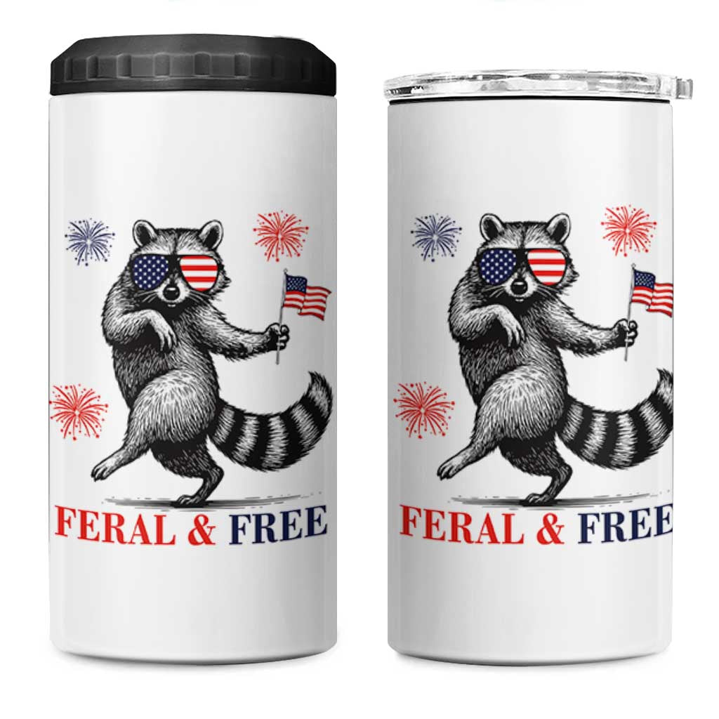 Feral and Free Dancing Raccoon 4 in 1 Can Cooler Tumbler Funny 4th July Patriotic Animal US Flag and Fireworks - Wonder Print Shop