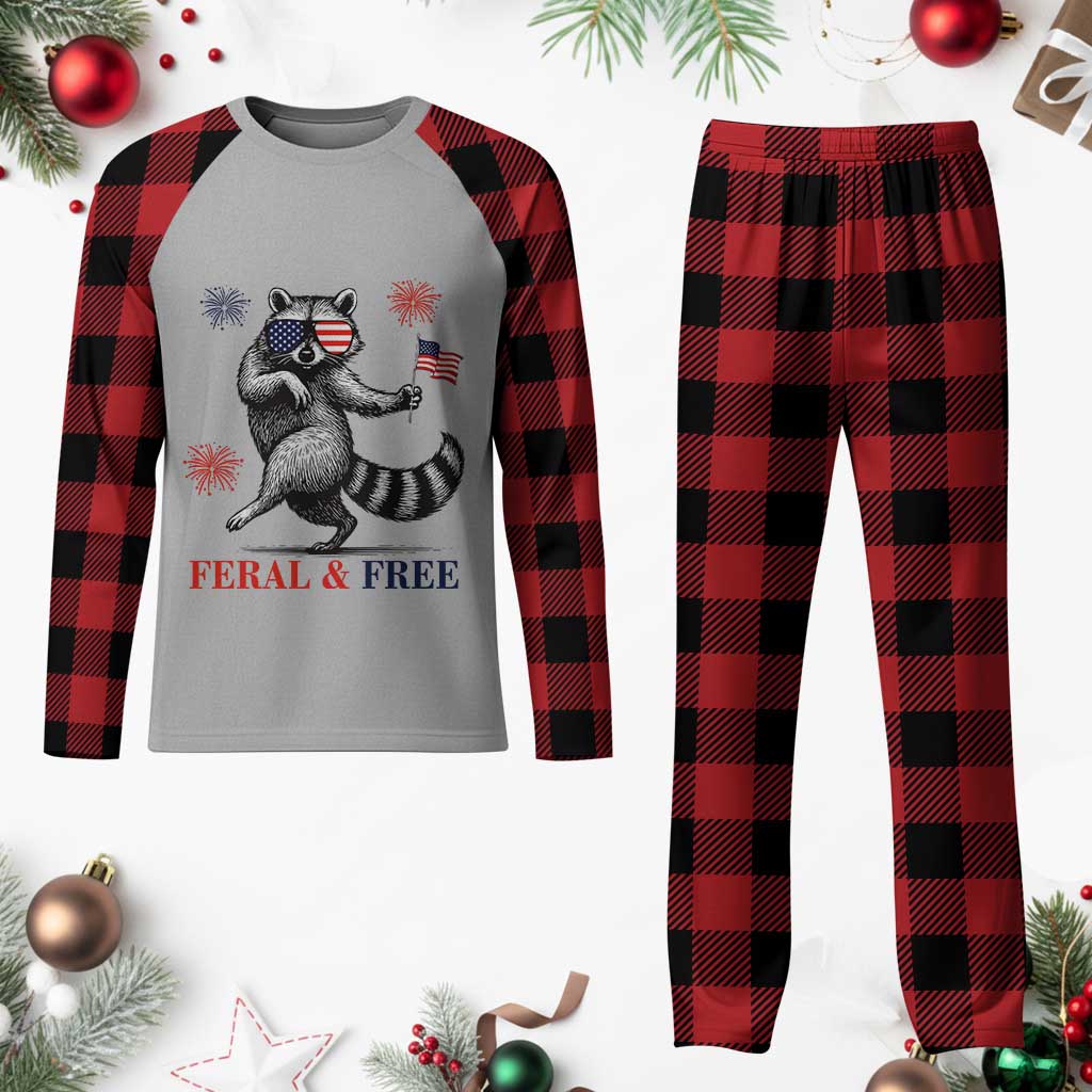 Feral and Free Dancing Raccoon Plaid Pajama Set Funny 4th July Patriotic Animal US Flag and Fireworks - Wonder Print Shop