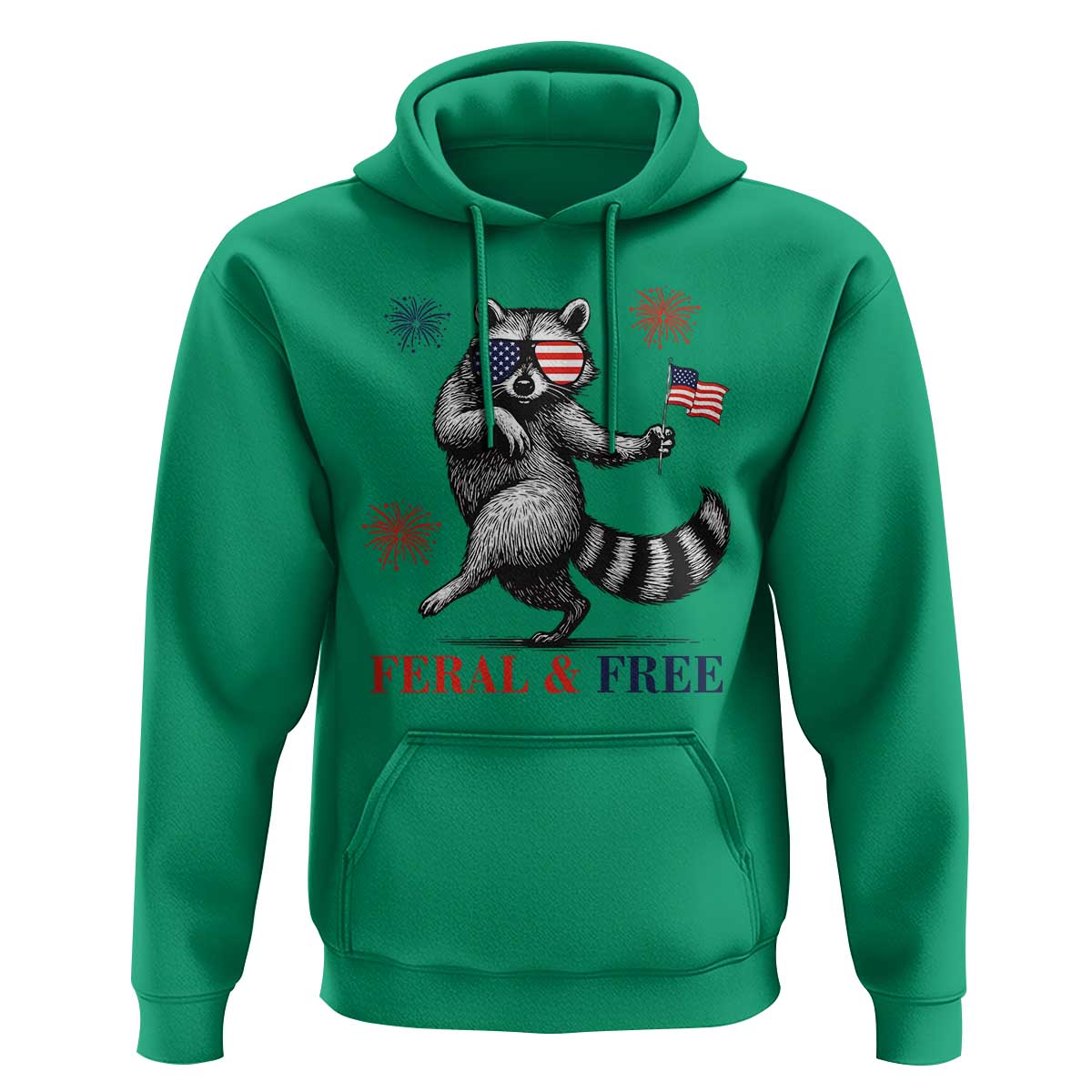 Feral and Free Dancing Raccoon Hoodie Funny 4th July Patriotic Animal US Flag and Fireworks - Wonder Print Shop