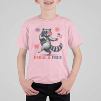 Feral and Free Dancing Raccoon T Shirt For Kid Funny 4th July Patriotic Animal US Flag and Fireworks - Wonder Print Shop