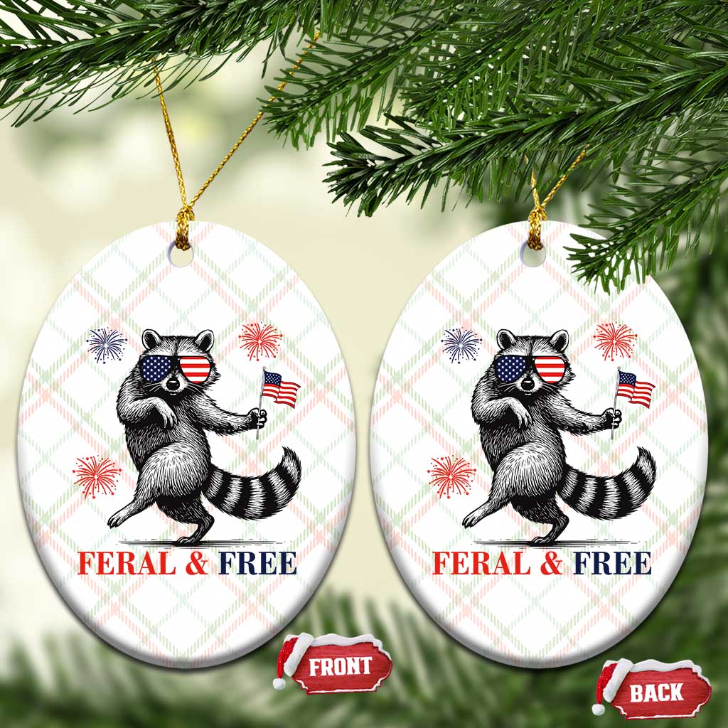 Feral and Free Dancing Raccoon Ceramic Ornament Funny 4th July Patriotic Animal US Flag and Fireworks - Wonder Print Shop