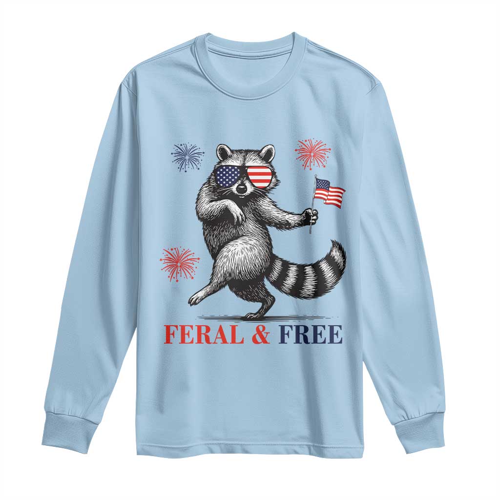 Feral and Free Dancing Raccoon Long Sleeve Shirt Funny 4th July Patriotic Animal US Flag and Fireworks - Wonder Print Shop