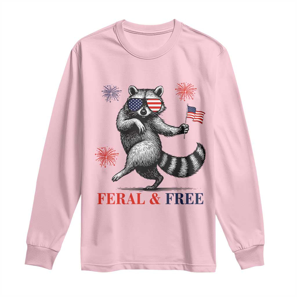 Feral and Free Dancing Raccoon Long Sleeve Shirt Funny 4th July Patriotic Animal US Flag and Fireworks - Wonder Print Shop