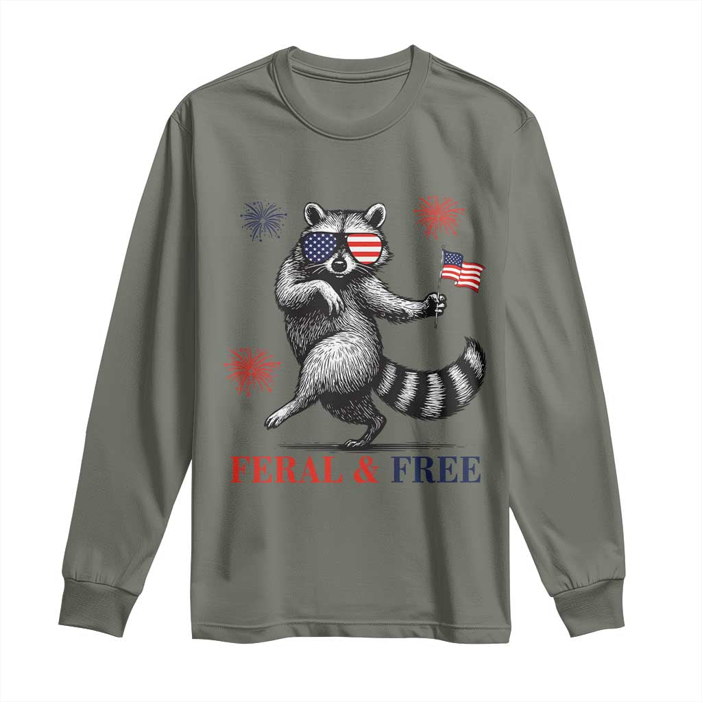 Feral and Free Dancing Raccoon Long Sleeve Shirt Funny 4th July Patriotic Animal US Flag and Fireworks - Wonder Print Shop