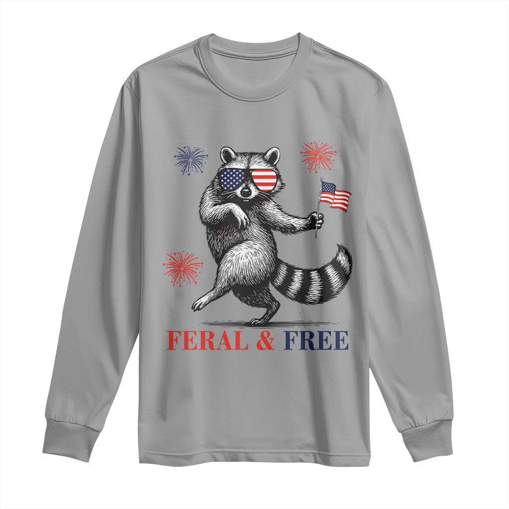 Feral and Free Dancing Raccoon Long Sleeve Shirt Funny 4th July Patriotic Animal US Flag and Fireworks - Wonder Print Shop
