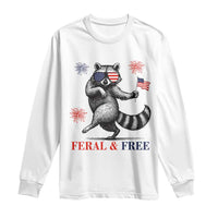 Feral and Free Dancing Raccoon Long Sleeve Shirt Funny 4th July Patriotic Animal US Flag and Fireworks - Wonder Print Shop
