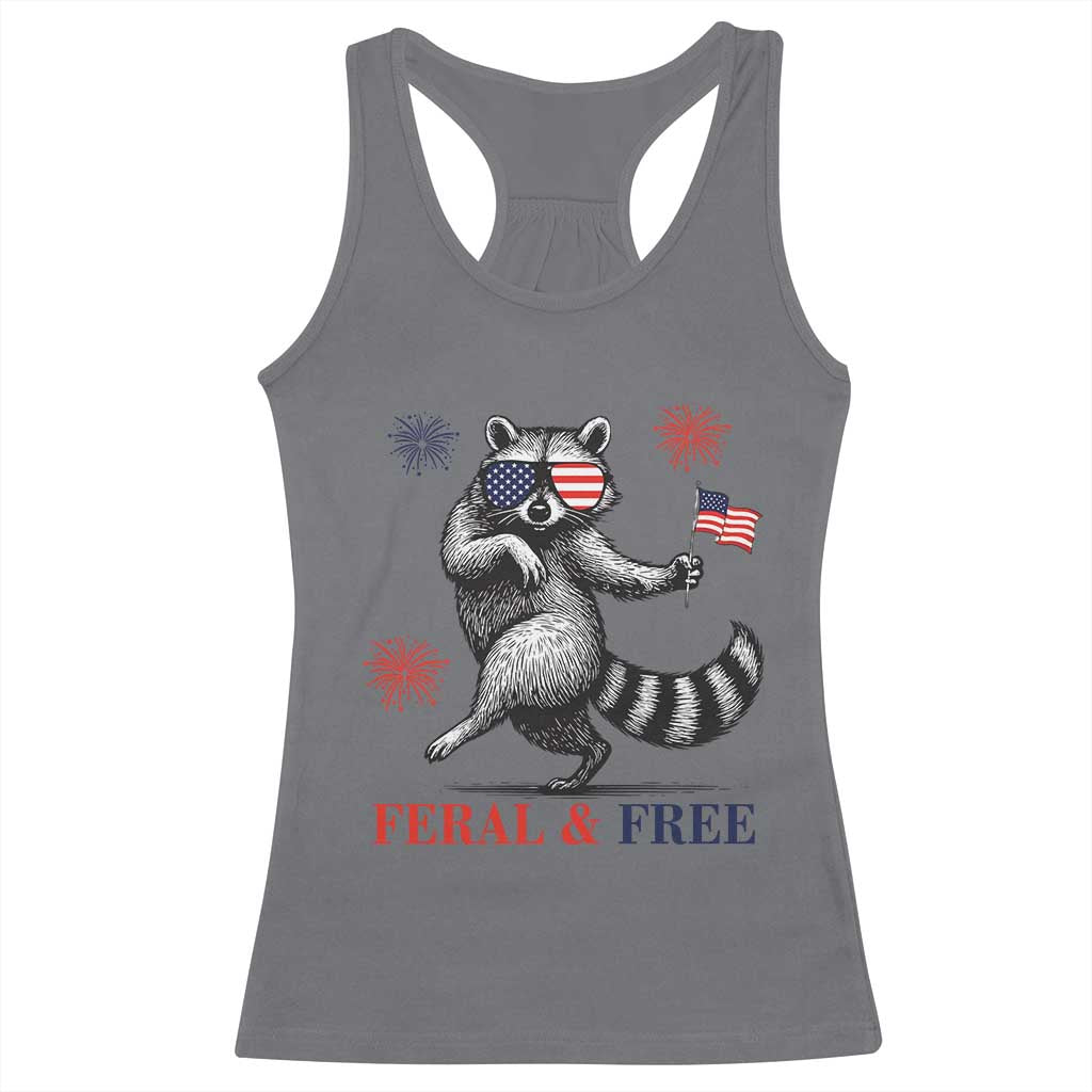 Feral and Free Dancing Raccoon Racerback Tank Top Funny 4th July Patriotic Animal US Flag and Fireworks - Wonder Print Shop