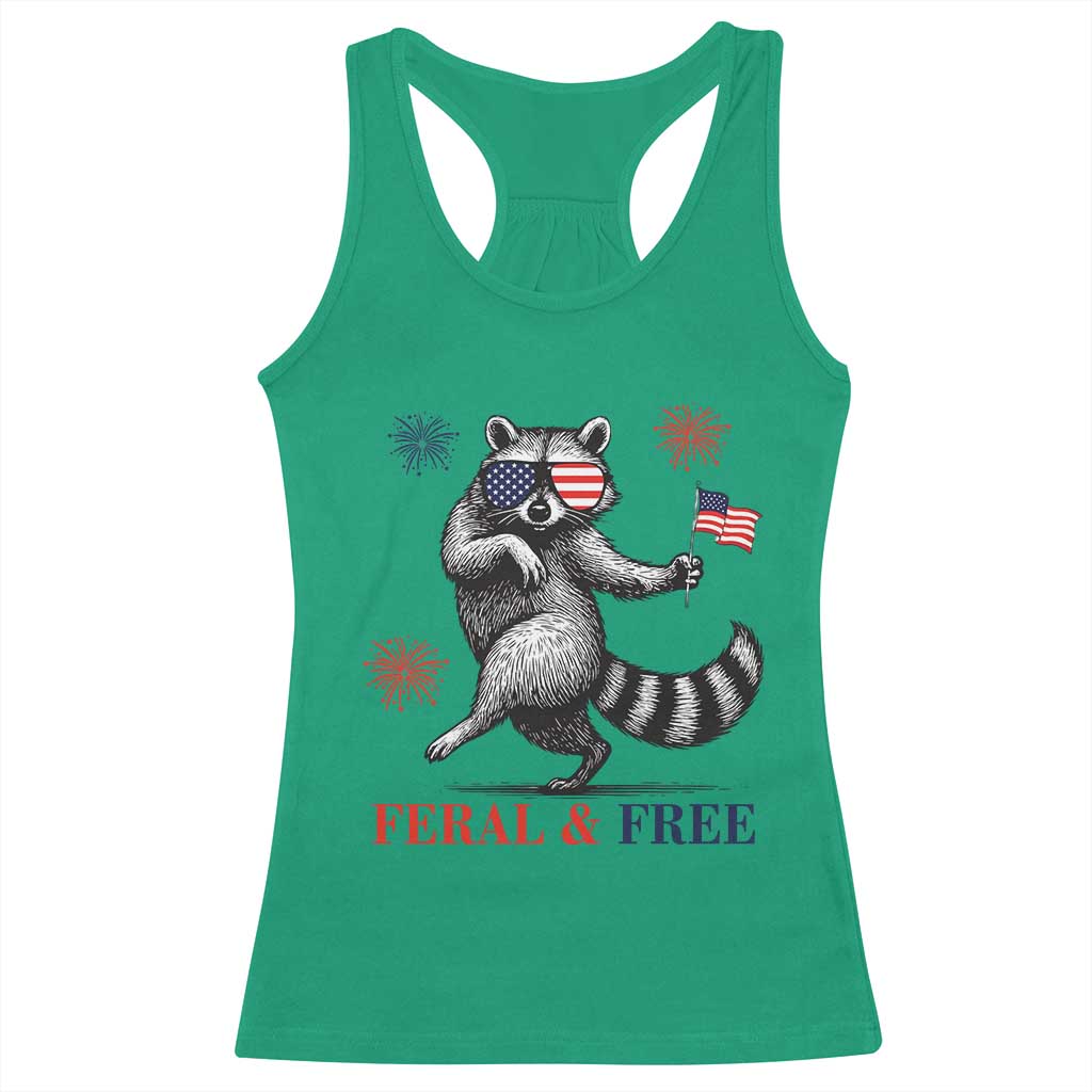 Feral and Free Dancing Raccoon Racerback Tank Top Funny 4th July Patriotic Animal US Flag and Fireworks - Wonder Print Shop
