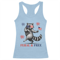 Feral and Free Dancing Raccoon Racerback Tank Top Funny 4th July Patriotic Animal US Flag and Fireworks - Wonder Print Shop