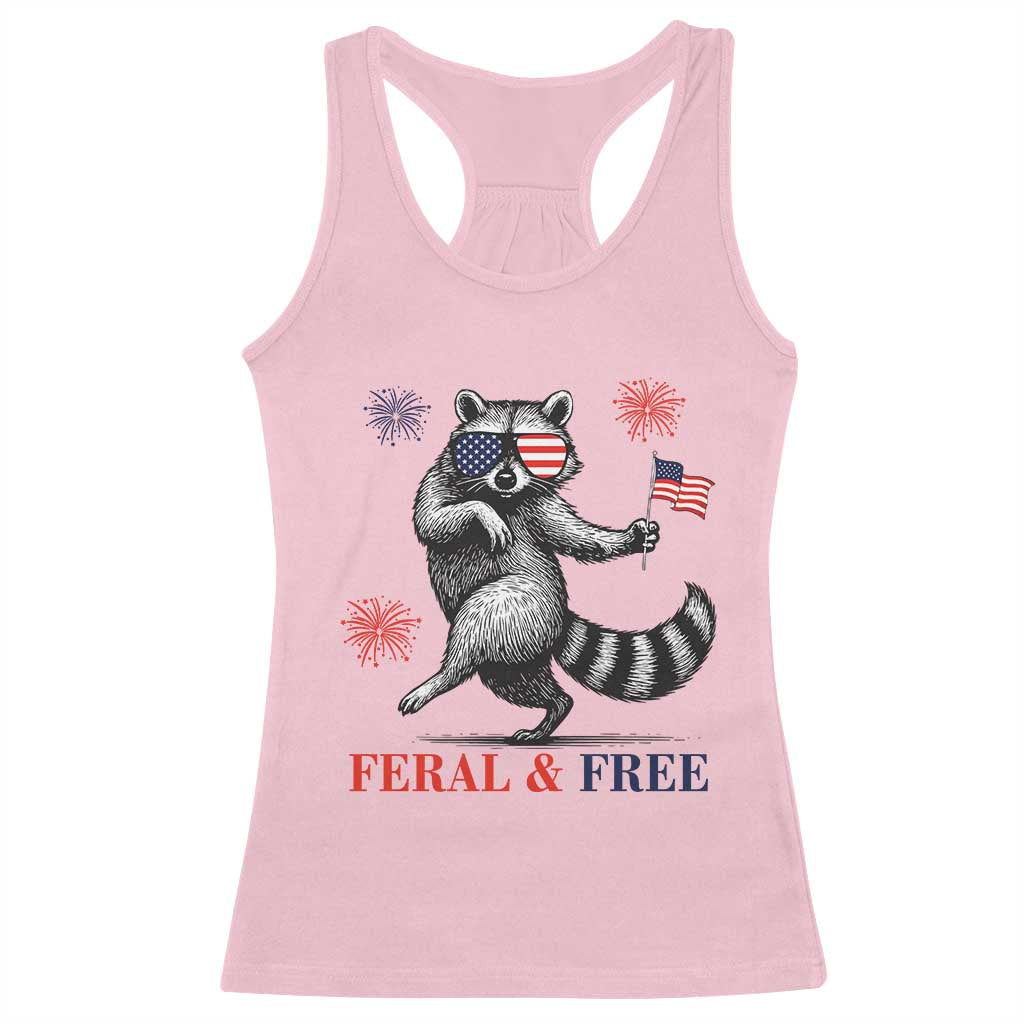 Feral and Free Dancing Raccoon Racerback Tank Top Funny 4th July Patriotic Animal US Flag and Fireworks - Wonder Print Shop