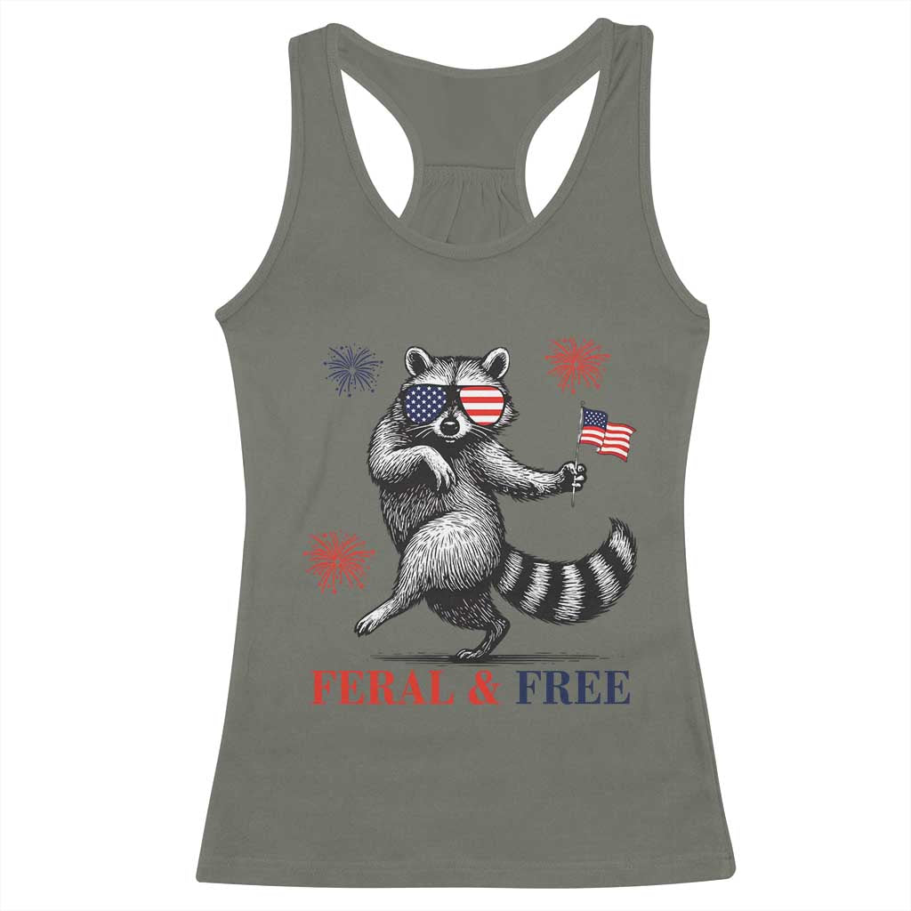 Feral and Free Dancing Raccoon Racerback Tank Top Funny 4th July Patriotic Animal US Flag and Fireworks - Wonder Print Shop