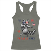 Feral and Free Dancing Raccoon Racerback Tank Top Funny 4th July Patriotic Animal US Flag and Fireworks - Wonder Print Shop