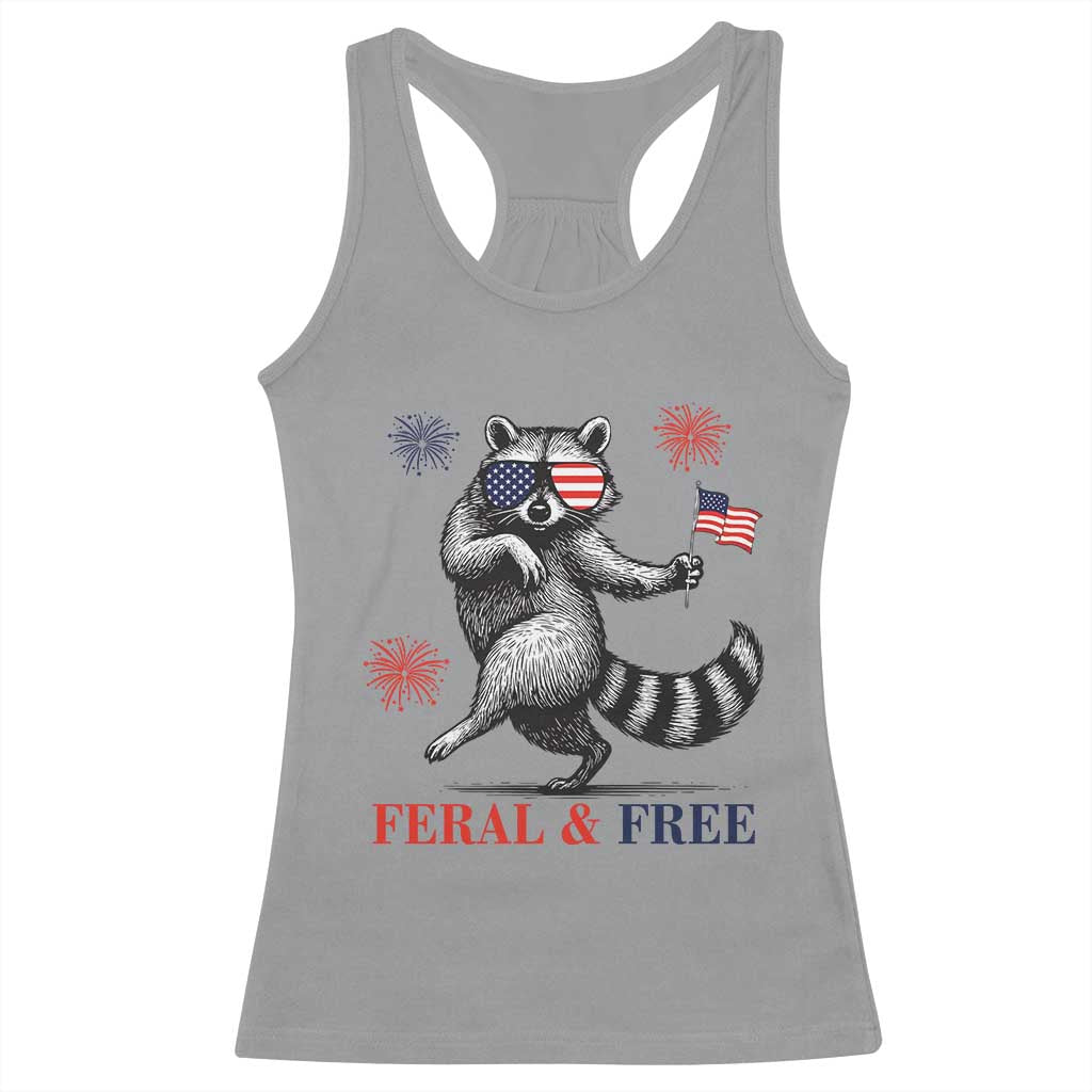 Feral and Free Dancing Raccoon Racerback Tank Top Funny 4th July Patriotic Animal US Flag and Fireworks - Wonder Print Shop