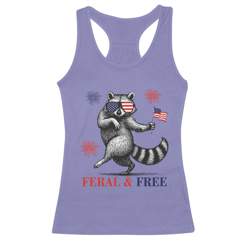 Feral and Free Dancing Raccoon Racerback Tank Top Funny 4th July Patriotic Animal US Flag and Fireworks - Wonder Print Shop
