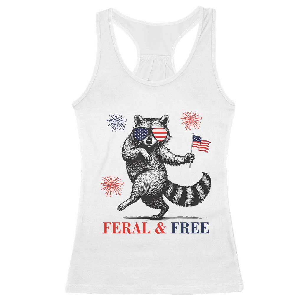 Feral and Free Dancing Raccoon Racerback Tank Top Funny 4th July Patriotic Animal US Flag and Fireworks - Wonder Print Shop