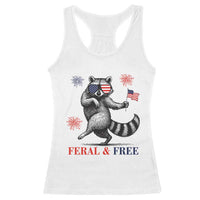 Feral and Free Dancing Raccoon Racerback Tank Top Funny 4th July Patriotic Animal US Flag and Fireworks - Wonder Print Shop