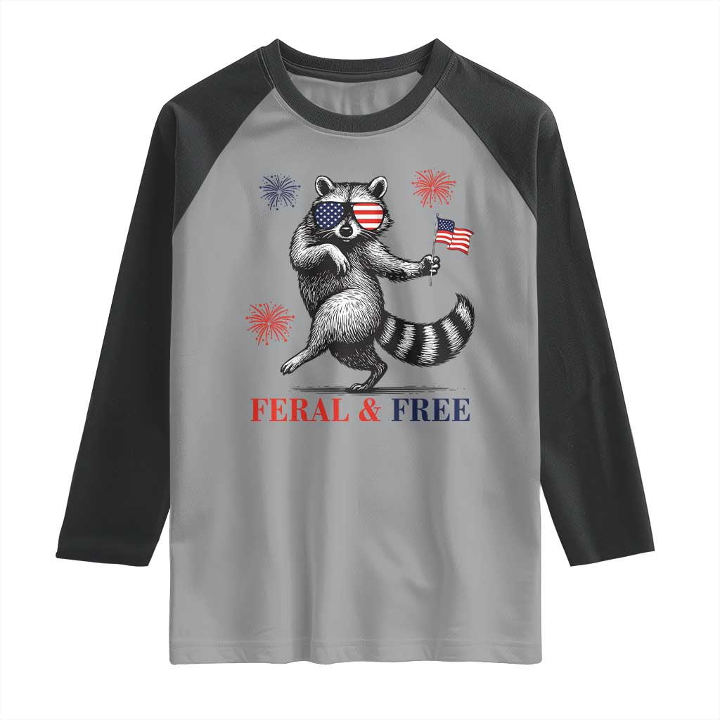 Feral and Free Dancing Raccoon Raglan Shirt Funny 4th July Patriotic Animal US Flag and Fireworks - Wonder Print Shop