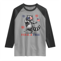 Feral and Free Dancing Raccoon Raglan Shirt Funny 4th July Patriotic Animal US Flag and Fireworks - Wonder Print Shop