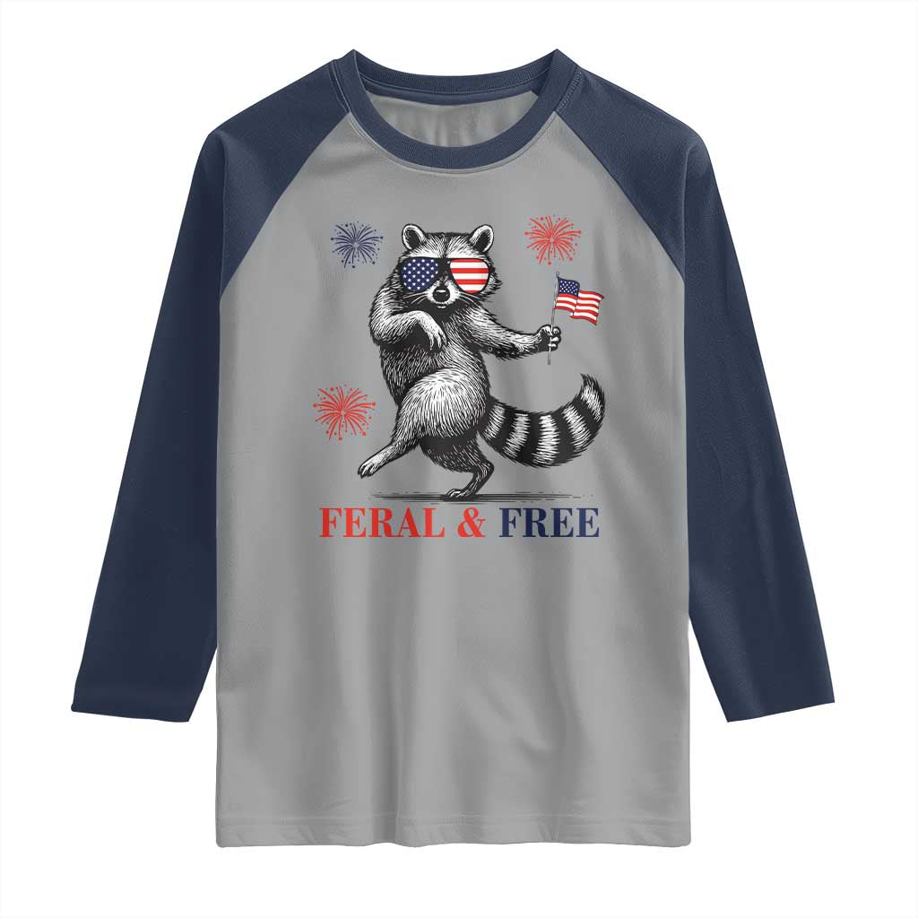 Feral and Free Dancing Raccoon Raglan Shirt Funny 4th July Patriotic Animal US Flag and Fireworks - Wonder Print Shop