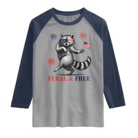 Feral and Free Dancing Raccoon Raglan Shirt Funny 4th July Patriotic Animal US Flag and Fireworks - Wonder Print Shop
