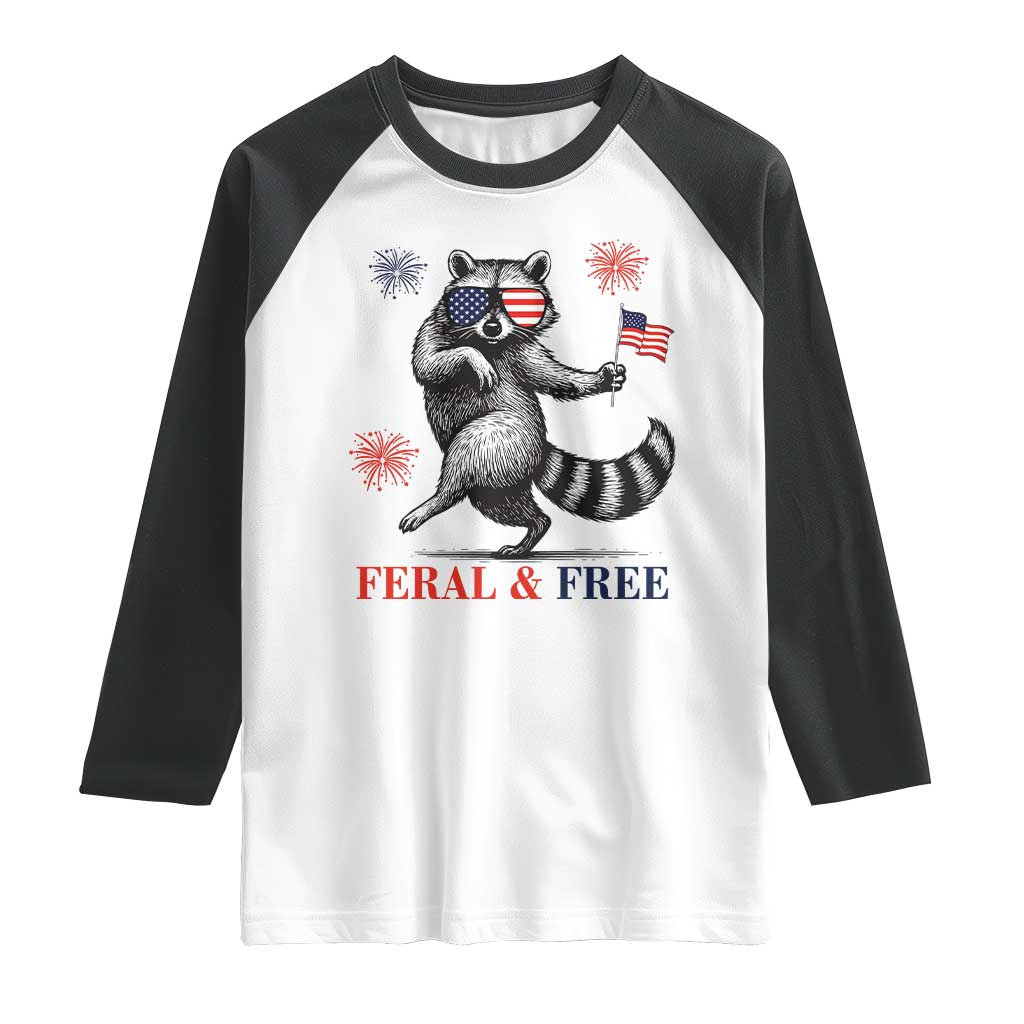 Feral and Free Dancing Raccoon Raglan Shirt Funny 4th July Patriotic Animal US Flag and Fireworks - Wonder Print Shop