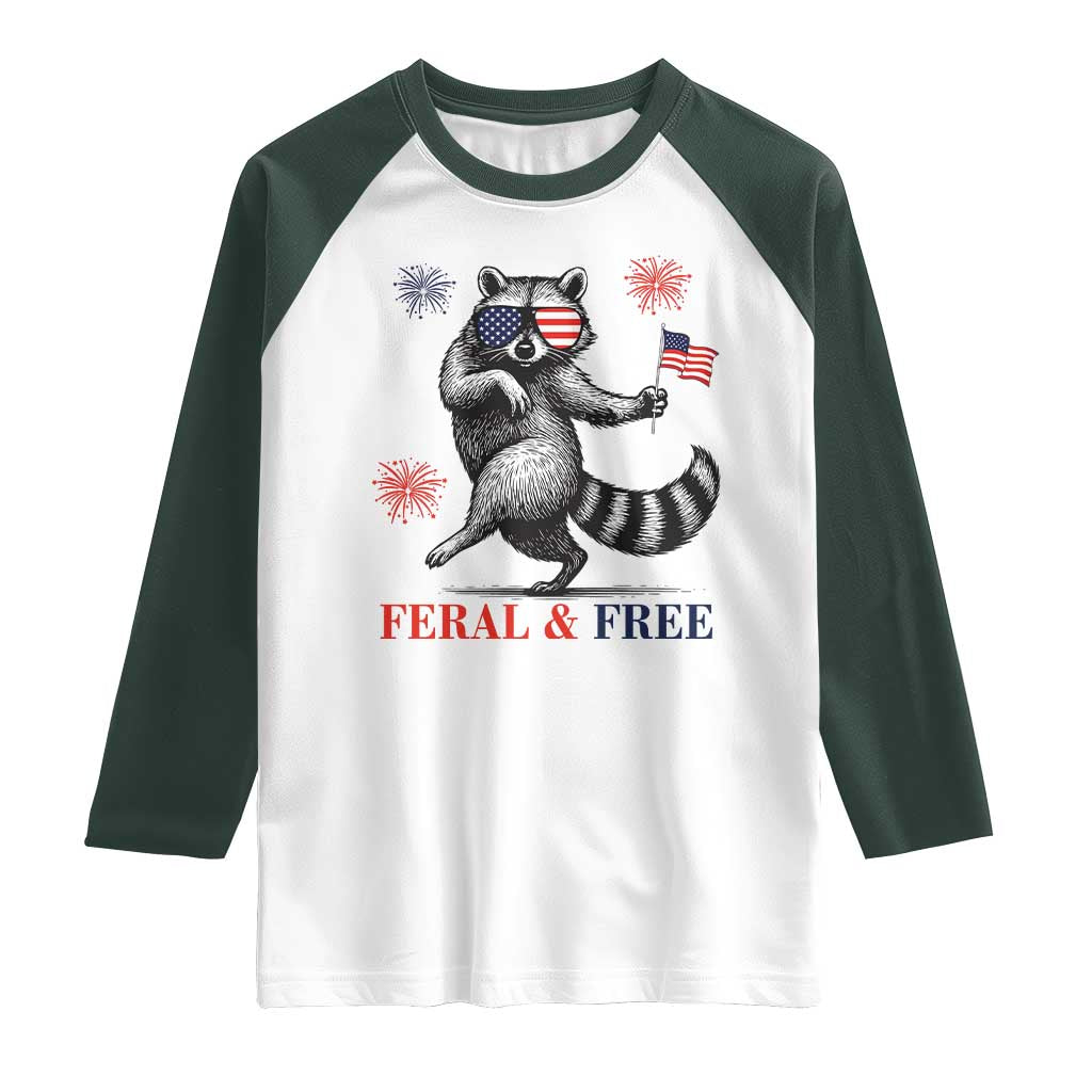 Feral and Free Dancing Raccoon Raglan Shirt Funny 4th July Patriotic Animal US Flag and Fireworks - Wonder Print Shop