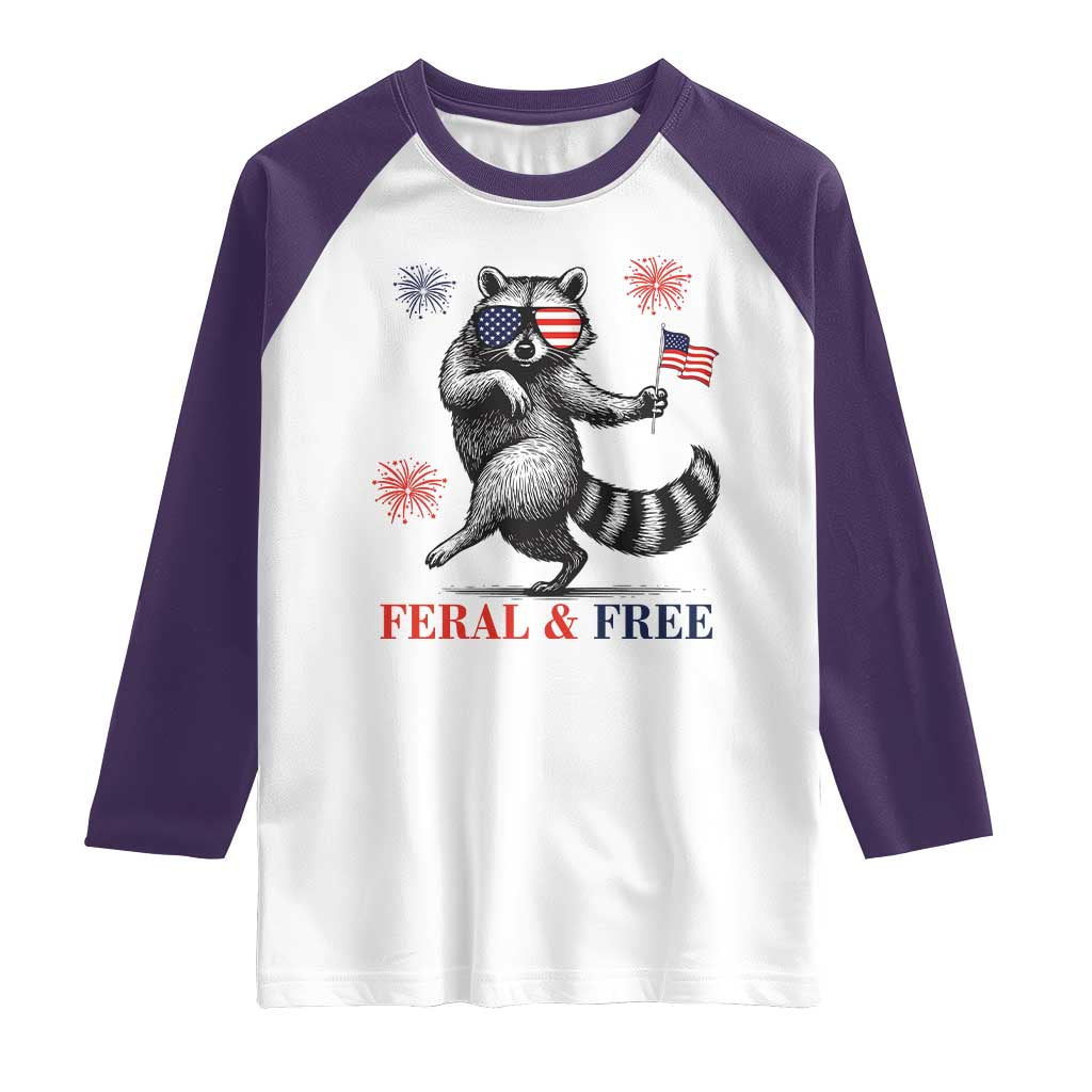 Feral and Free Dancing Raccoon Raglan Shirt Funny 4th July Patriotic Animal US Flag and Fireworks - Wonder Print Shop
