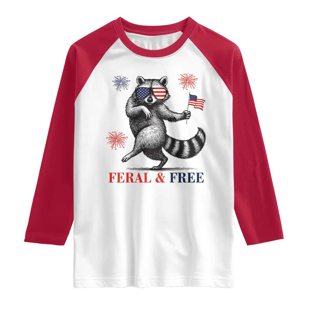 Feral and Free Dancing Raccoon Raglan Shirt Funny 4th July Patriotic Animal US Flag and Fireworks - Wonder Print Shop
